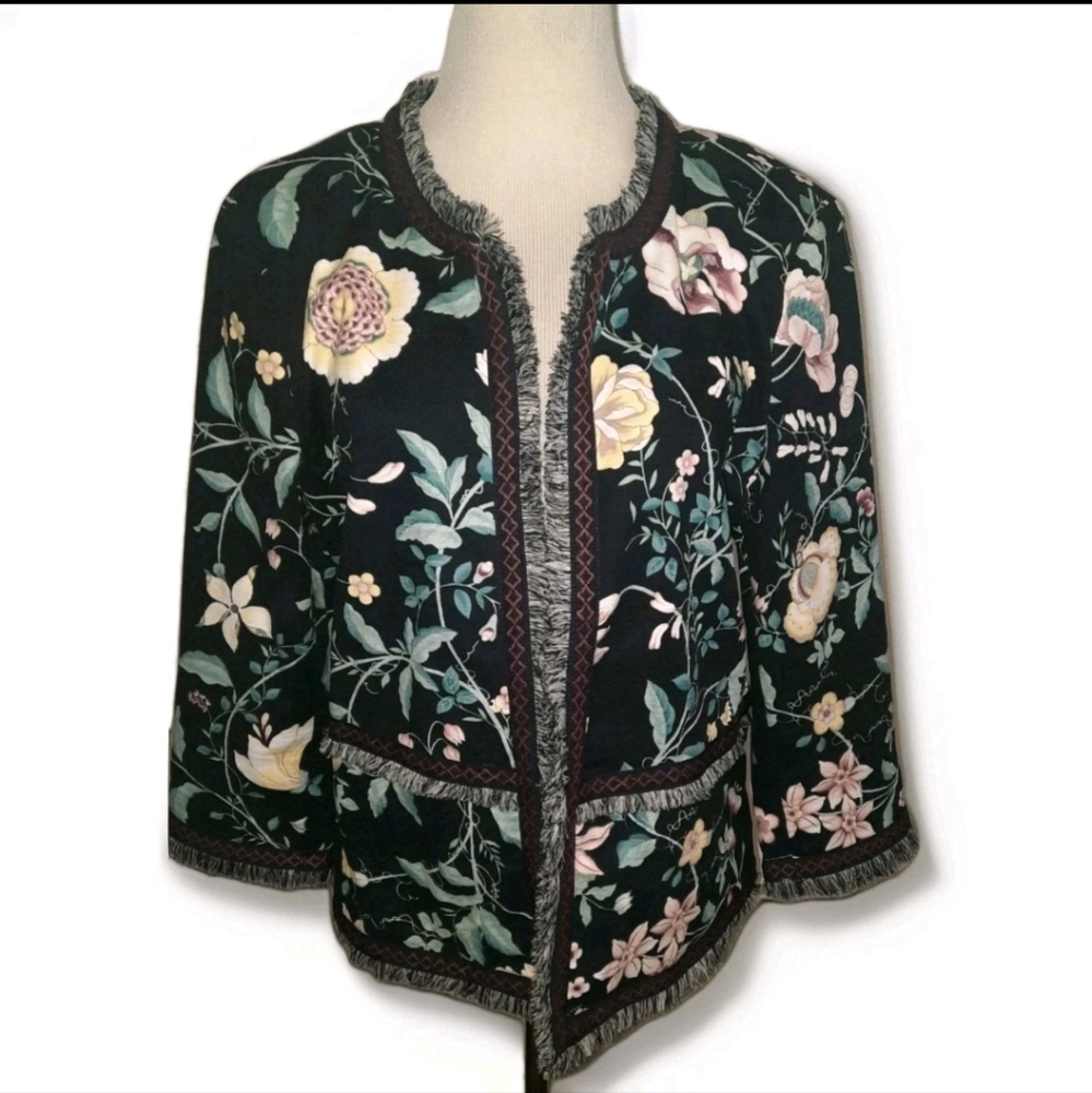 Ann Taylor Loft Blazer Jacket Floral Print Fringe Hem Open Front Size 10 Black